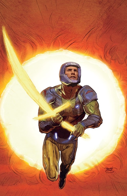 A heroic figure wearing a futuristic armor and a helmet, wielding a glowing sword, set against a vibrant orange and yellow background.