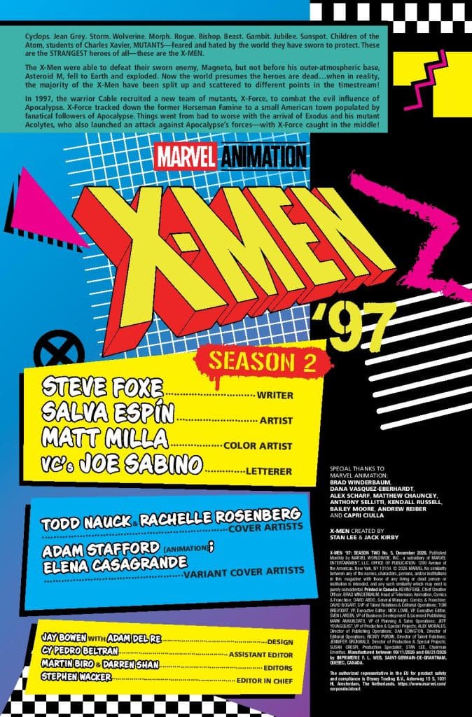 Promotional page for the animated series 'X-Men '97' Season 2, featuring text about characters and contributors including artists and writers, with a colorful and dynamic graphic design.
