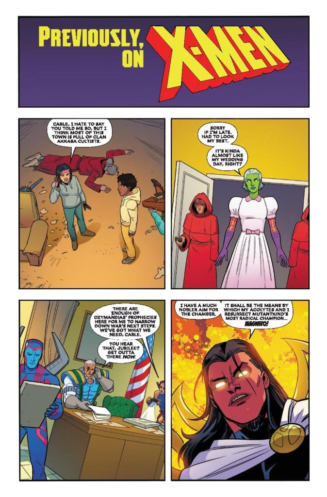 Comic panel featuring characters discussing a cult and wedding plans, with one character in a wedding dress and others in casual attire.