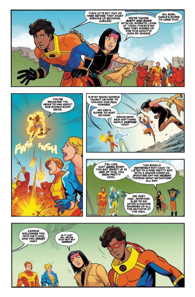 A colorful comic panel featuring multiple characters discussing their powers and recruitment. Key characters include a young man in a superhero costume and a girl in a black outfit, both looking concerned. Other characters in the background are engaged in various activities, highlighting a lively scene.