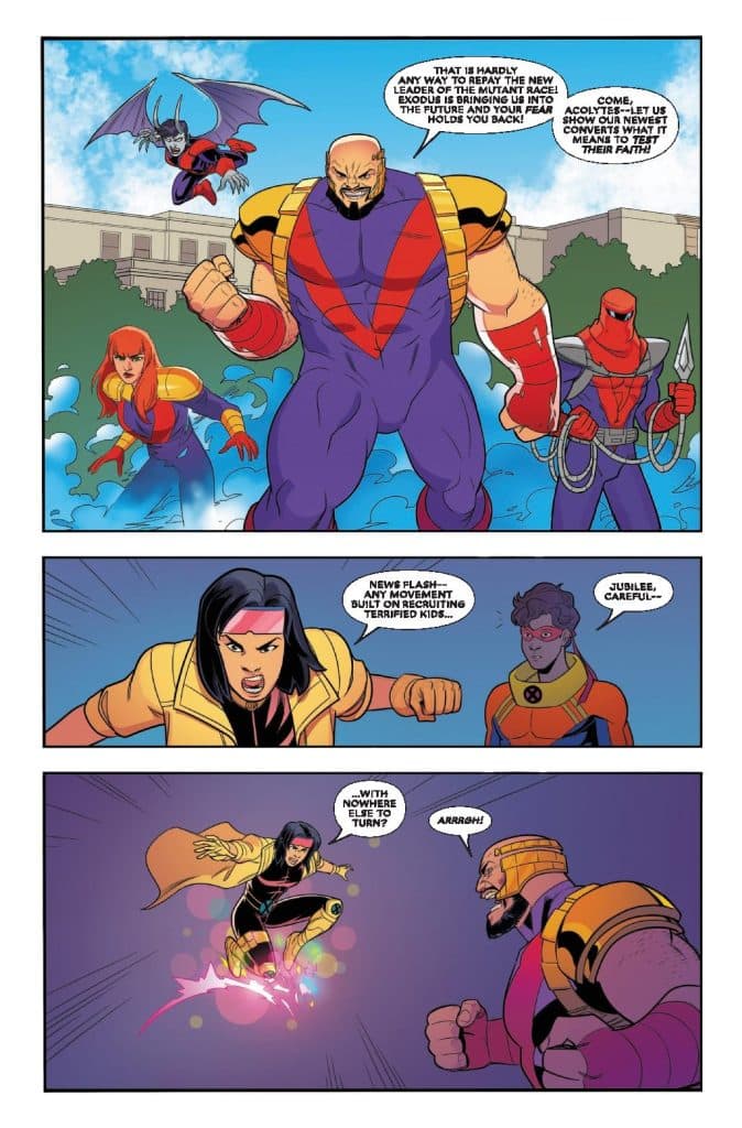A comic book panel featuring a group of superheroes and villains. The upper panel shows a muscular villain addressing his followers, while a hero with yellow and pink attire appears cautious. The lower panel depicts a female hero preparing to attack, as the villain looks aggressive, with speech bubbles indicating dialogue.