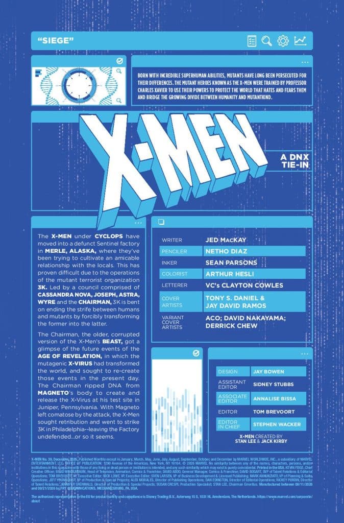 A promotional comic page for the X-Men titled 'Siege', showcasing its writers, artists, and character details in a striking blue design with superhero elements.