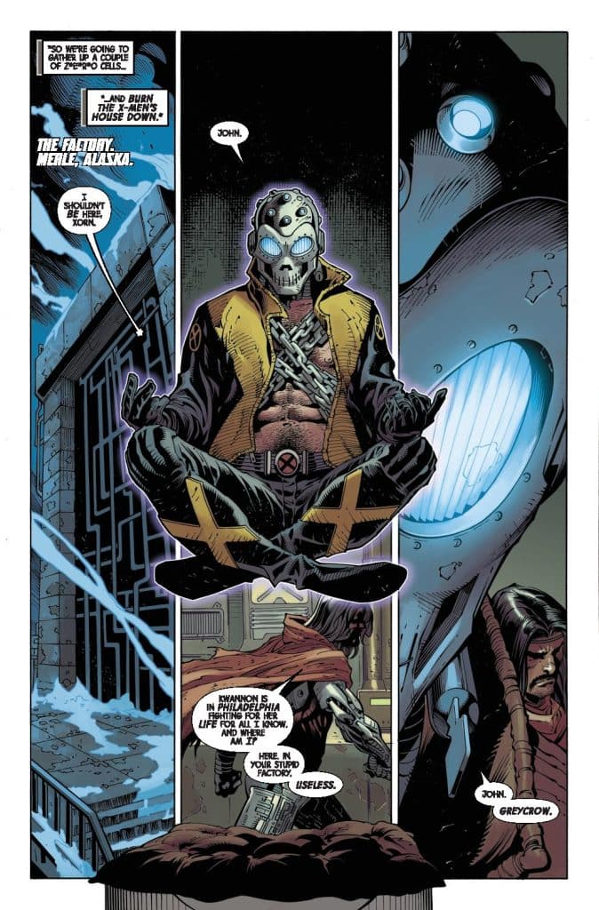 Comic book panel featuring a character with a mask and cross symbol on their costume, meditating while surrounded by dialogue boxes and a futuristic setting in Alaska.