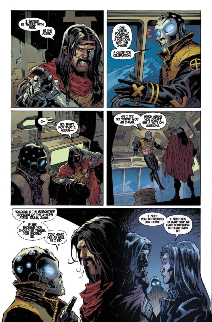 A comic book page featuring a character with long hair and a red cloak speaking intensely with a robotic figure wearing a skull mask. The setting appears to be inside a spacecraft, with dialogue focusing on themes of loyalty and mission responsibilities. The characters express tension and a deep sense of obligation.