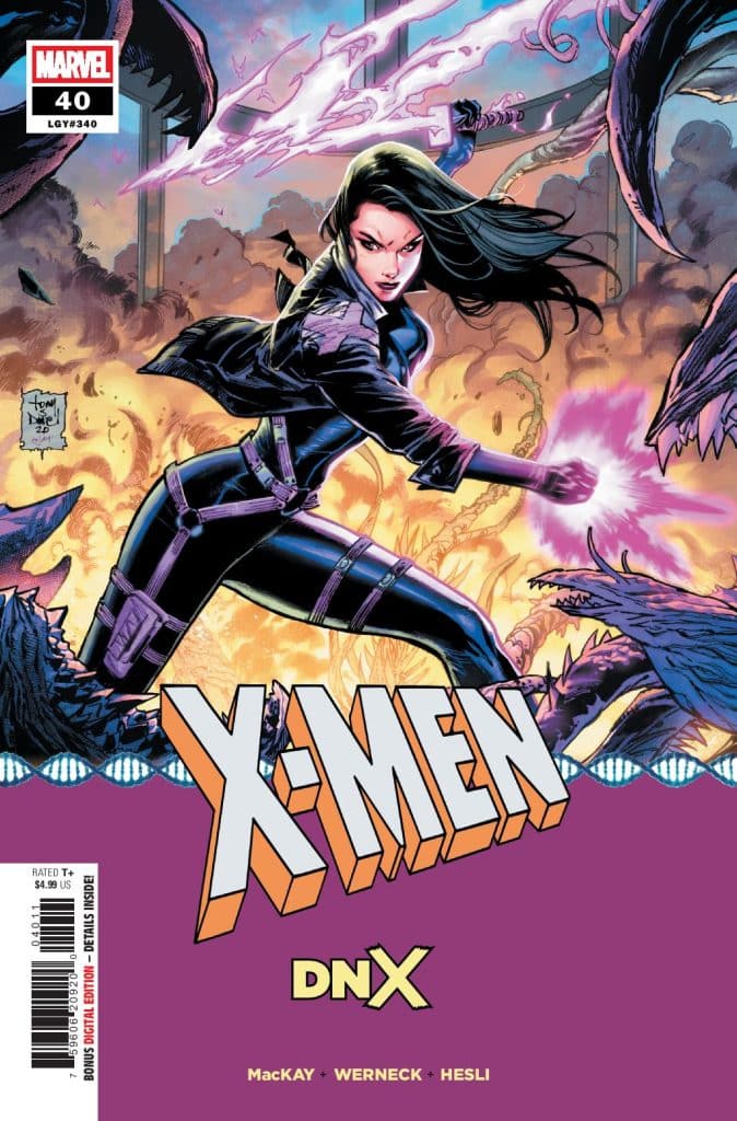 Cover of X-Men comic issue 40 featuring a female character with long black hair and a black outfit, wielding a glowing energy weapon in a dynamic pose amidst a dramatic background of swirling clouds and monsters.