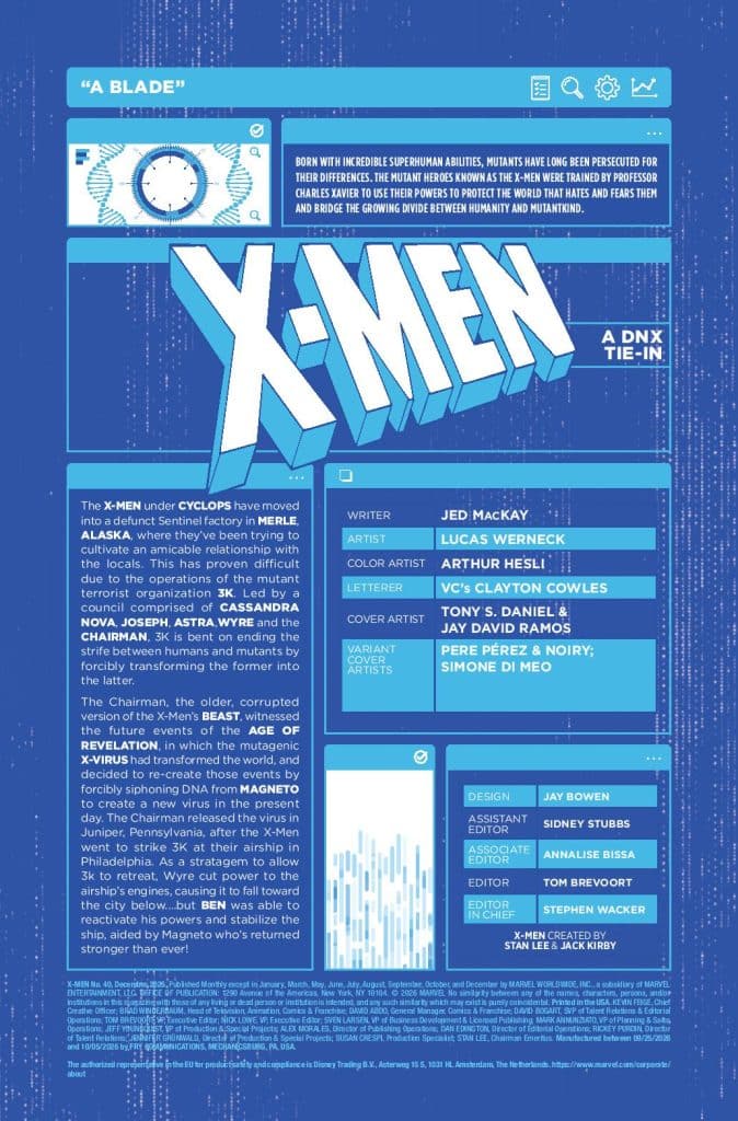 A promotional comic book page featuring the X-Men, highlighting key characters and story elements including Cyclops, Beast, and Magneto. The design includes the title 'X-MEN' and credits for writers, artists, and additional contributors, set against a blue background.