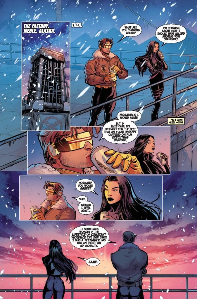 A comic book scene set in a snowy landscape in Merle, Alaska, featuring three characters in conversation. One character, wearing sunglasses and a fur-lined jacket, is holding a drink, while another character in a dark outfit shares their thoughts. The dialogue reflects on morality and the impact of past violence, with a sunset in the background.