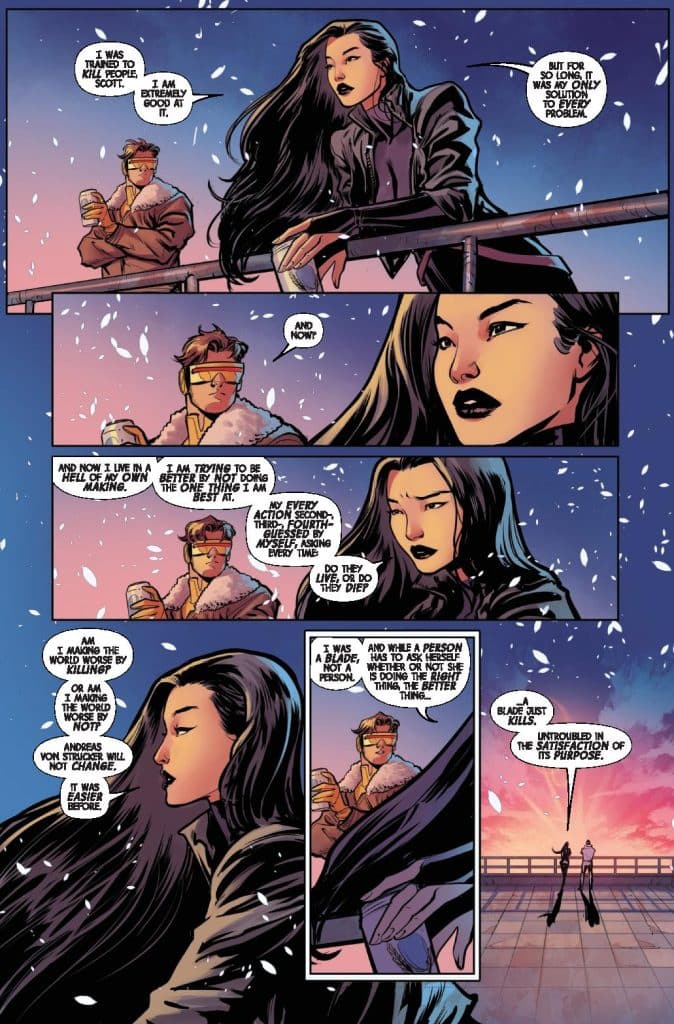 A comic panel featuring a dramatic conversation between two characters. One character has long black hair and is dressed in a black coat, while the other has a headband and a fur-lined jacket. Snowflakes are falling around them against a colorful sunset background.