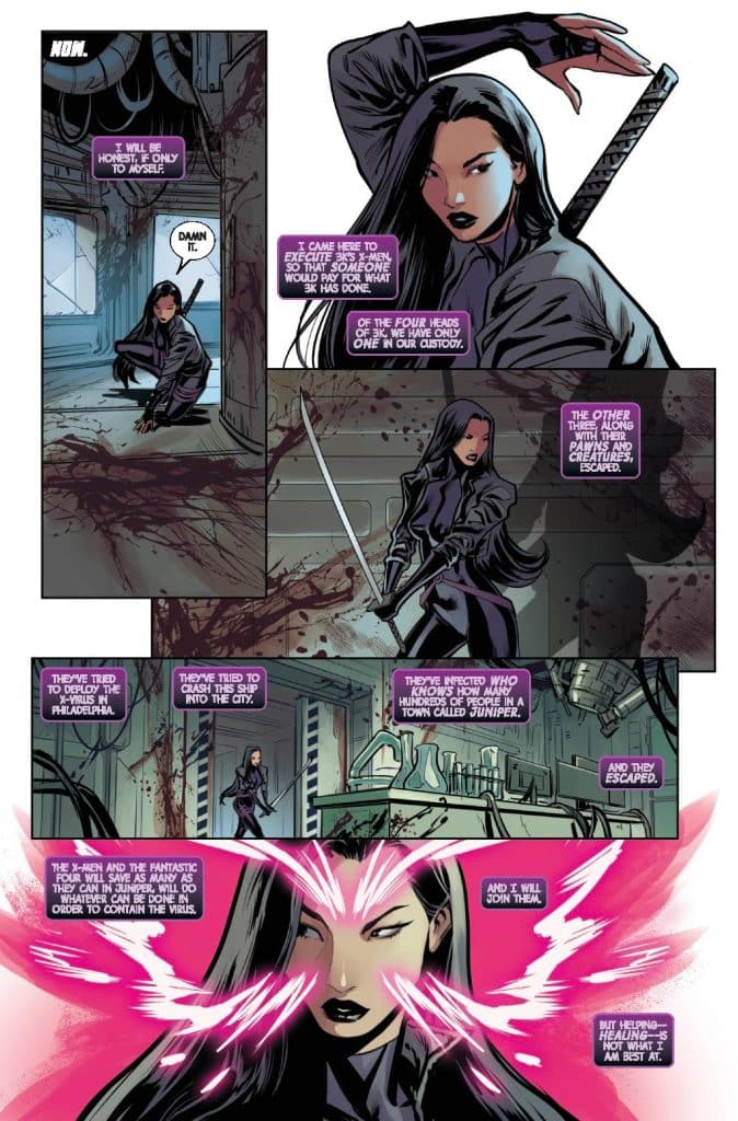 A comic book page featuring a female character with long dark hair and a sword, expressing determination and concern. The setting is a dark laboratory with hints of violence, as indicated by blood on the walls. The dialogue discusses a threat involving mutants and a town called Juniper, emphasizing the urgency of the situation.