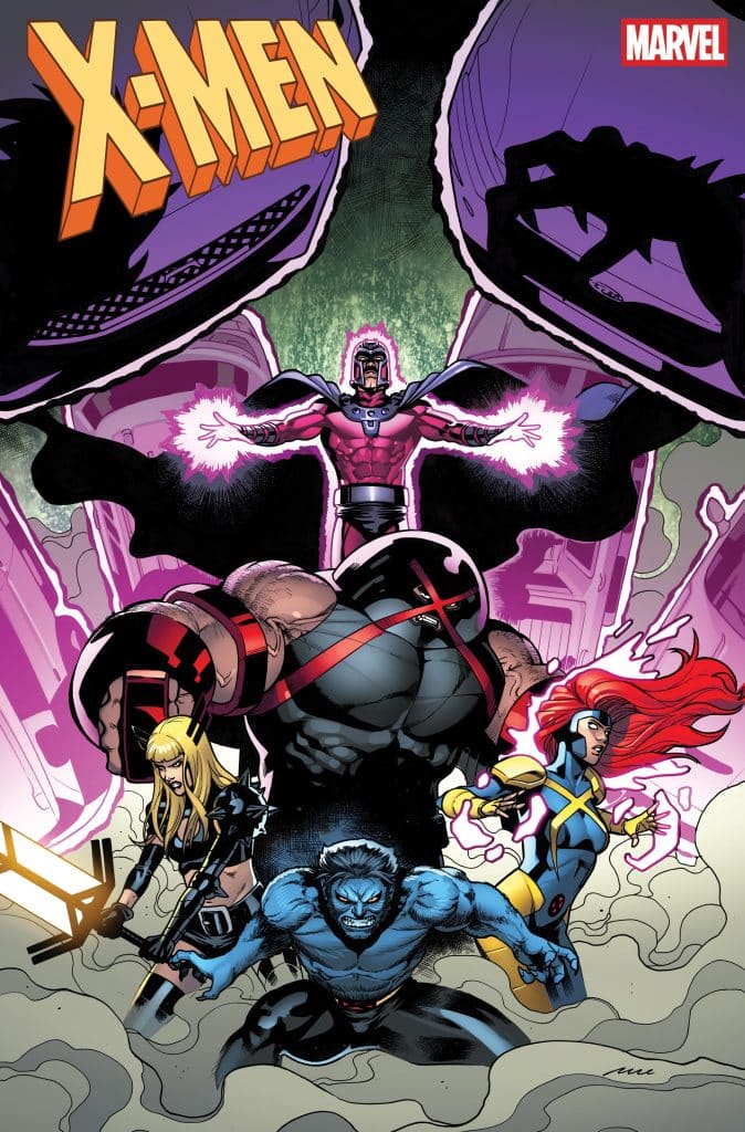 A dynamic comic book cover featuring the X-Men characters, including Magneto at the center, flanked by various heroes like Storm, Beast, and Cyclops, set against a vibrant purple and white background.