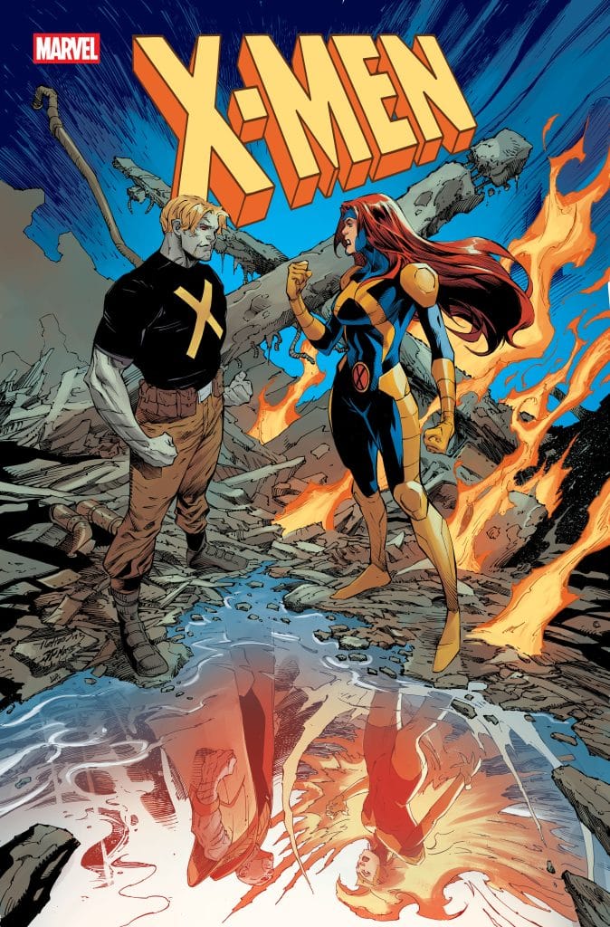 A comic book cover featuring two superheroes from the X-Men, one in a black suit and the other in a blue and yellow suit, standing on a rocky landscape with flames in the background. The title 'X-MEN' is prominently displayed above them.
