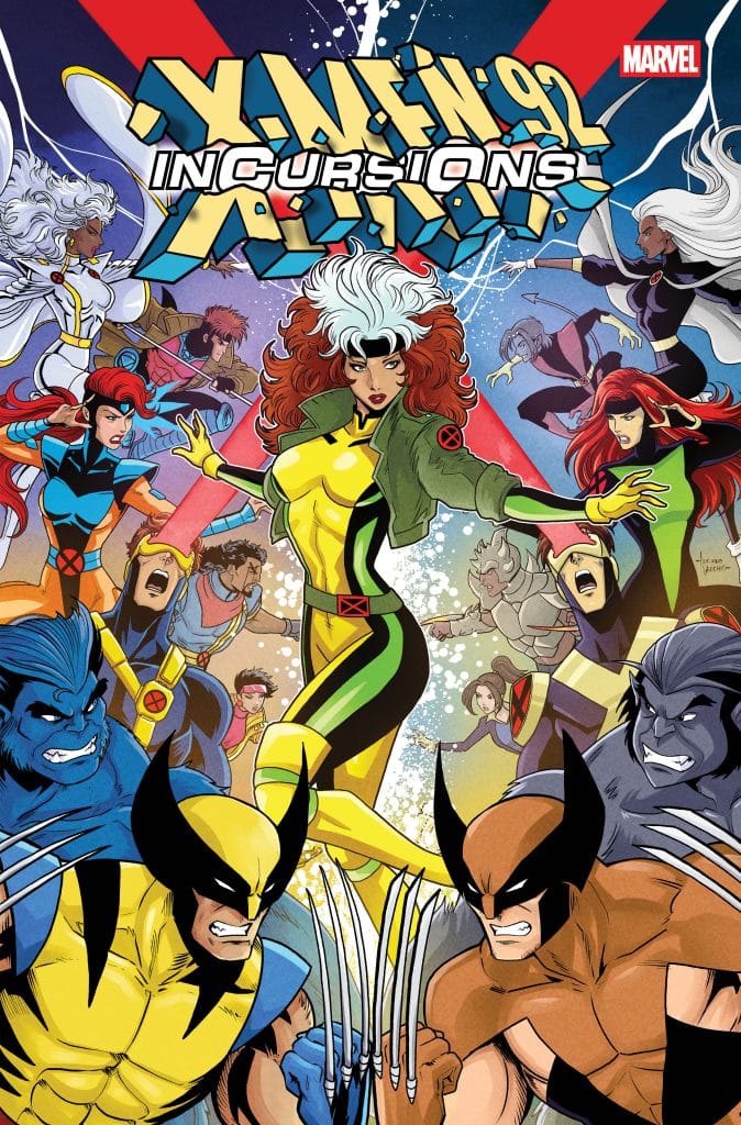 A colorful comic book cover featuring X-Men characters including Rogue, Wolverine, and Storm, with dynamic poses and action-packed visuals against a vibrant background.