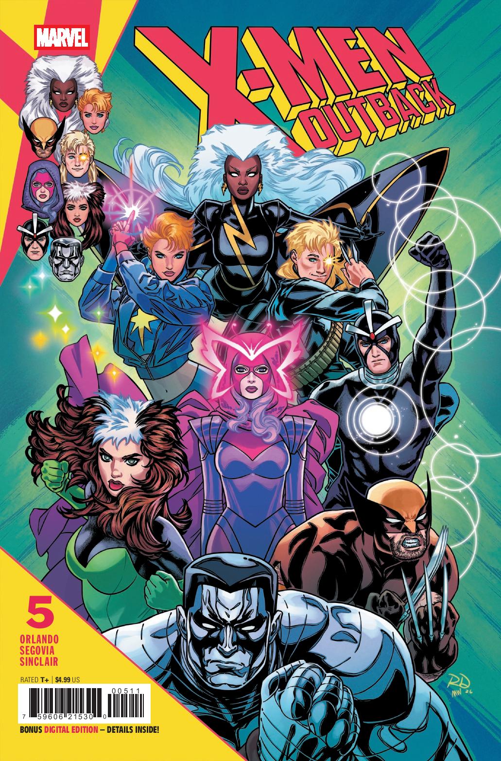 Cover of Marvel's X-Men Outback comic issue 5 featuring a group of superheroes, including Storm, Wolverine, and Rogue, against a colorful background.