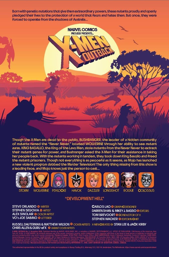 A promotional poster for 'X-Men: Outback' by Marvel Comics, featuring a sunset silhouette of Australian landscape with Marvel characters including Storm, Wolverine, Psylocke, Havok, Dazzler, Longshot, Rogue, and Colossus.