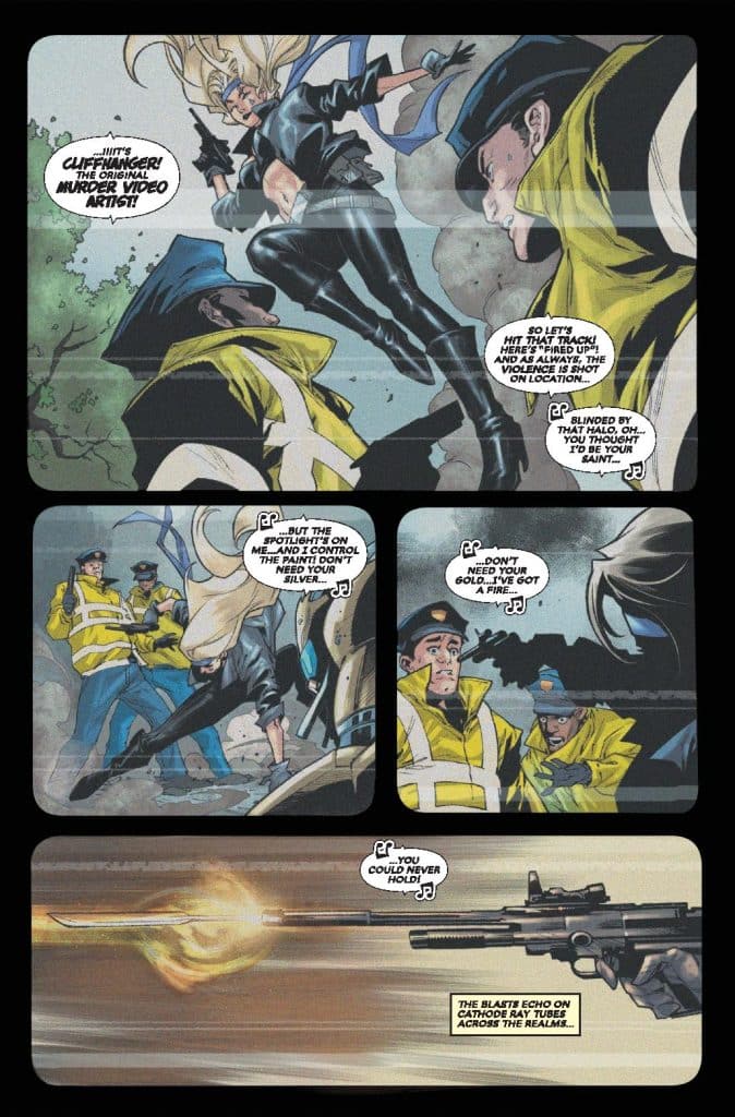 A comic book scene depicting a confrontation between characters, featuring a woman with long blonde hair and a black outfit, and two police officers in yellow jackets. The background suggests a dramatic setting with action elements, including a gun being fired.