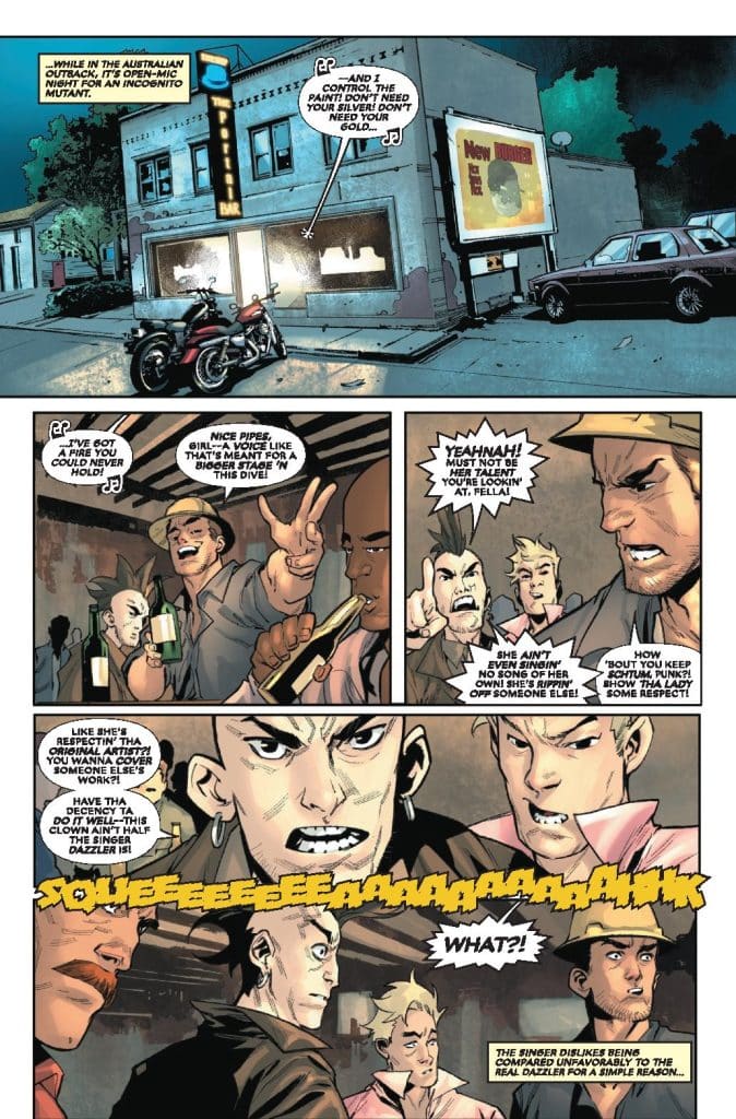 A comic book page featuring characters in a bar setting, engaged in a tense conversation, with speech bubbles and dramatic expressions. The scene depicts a motorcycle parked outside, a sign for 'The Bar,' and characters debating music and respect.