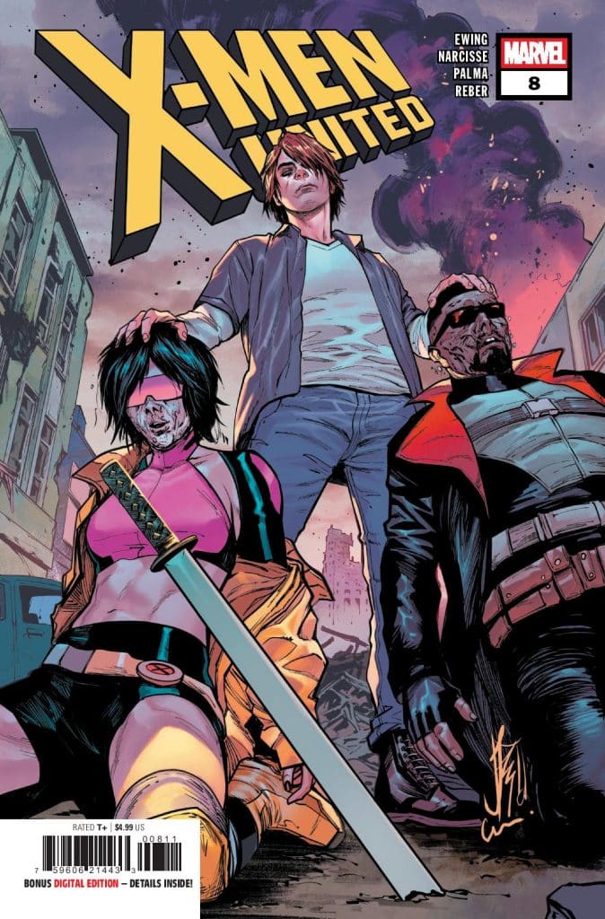 Cover of X-Men United #8 featuring two characters kneeling, one with a sword, and a figure standing in the background amidst a destroyed urban setting.