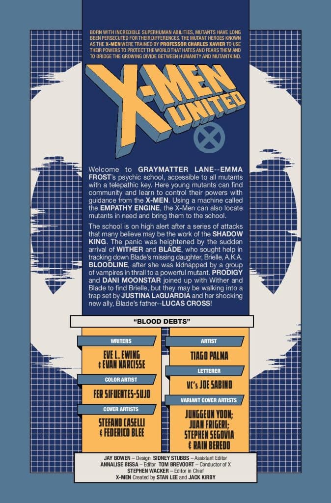 Comic book cover for 'X-Men United', featuring a title at the top and various character descriptions and credits. The background includes a blue grid design with elements related to the X-Men, such as the symbol and imagery indicating psychic abilities and community among mutants.
