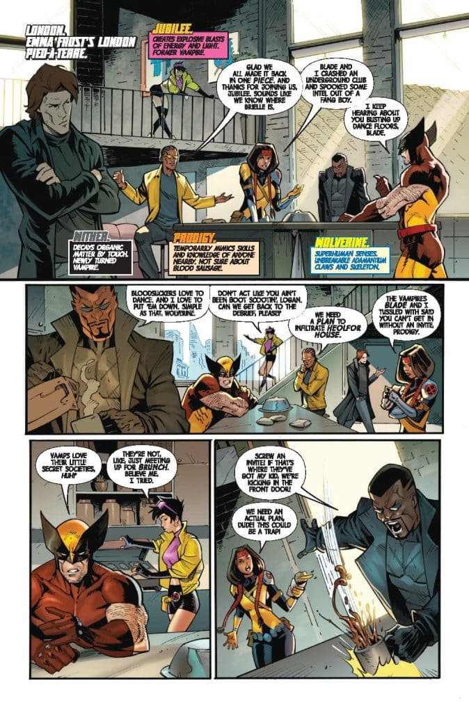 Comic panel depicting a group of superheroes discussing a plan in a London setting, with characters including Jubilee, Wolverine, and others interacting around a table.