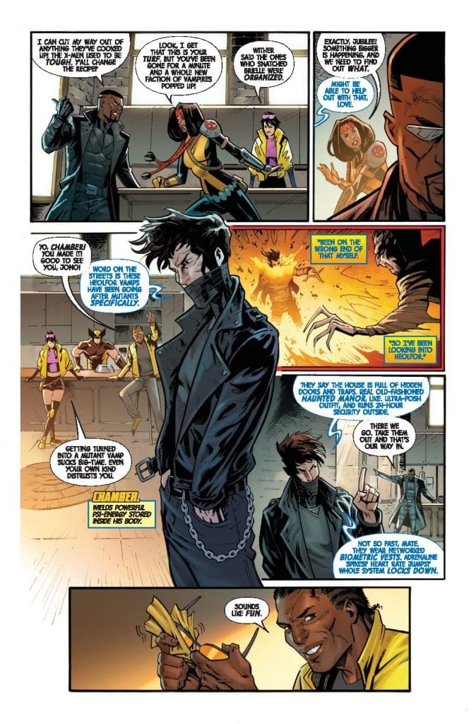 A comic book page featuring characters discussing mutant transformations and security measures. One character, wearing a black jacket, stands with a chain attachment, while another engages cheerfully with fries in hand. Background characters express various emotions in a dynamic setting.