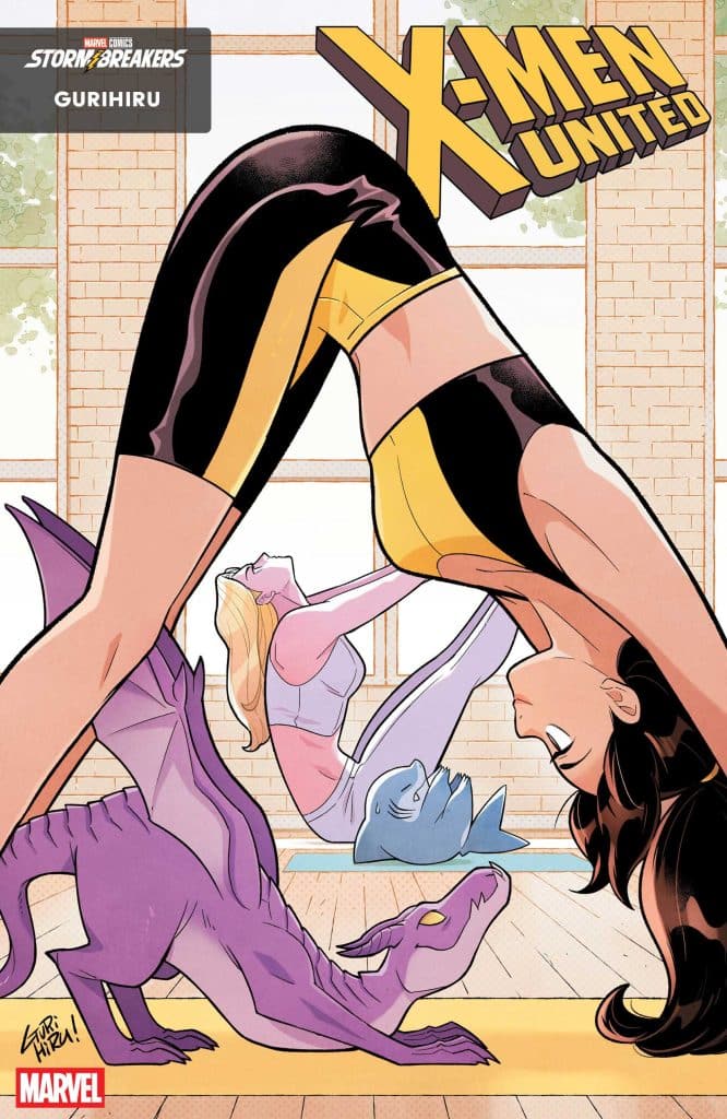 Comic cover featuring characters performing yoga in a bright studio, with a purple dragon and the title 'X-Men United' at the top.