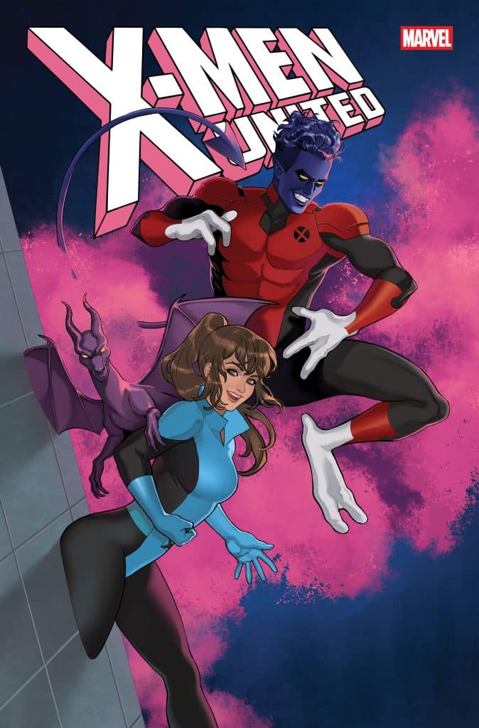 Colorful comic book cover featuring characters from X-Men, showcasing a blue-skinned character in a red and black costume and a woman in a blue suit, both in dynamic poses against a vibrant pink background.