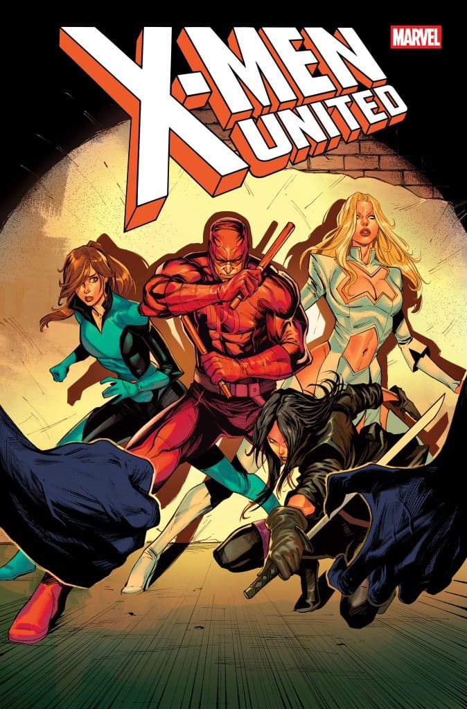 Comic book cover featuring the X-Men united, showcasing four characters in dynamic poses with action elements and a dramatic background.