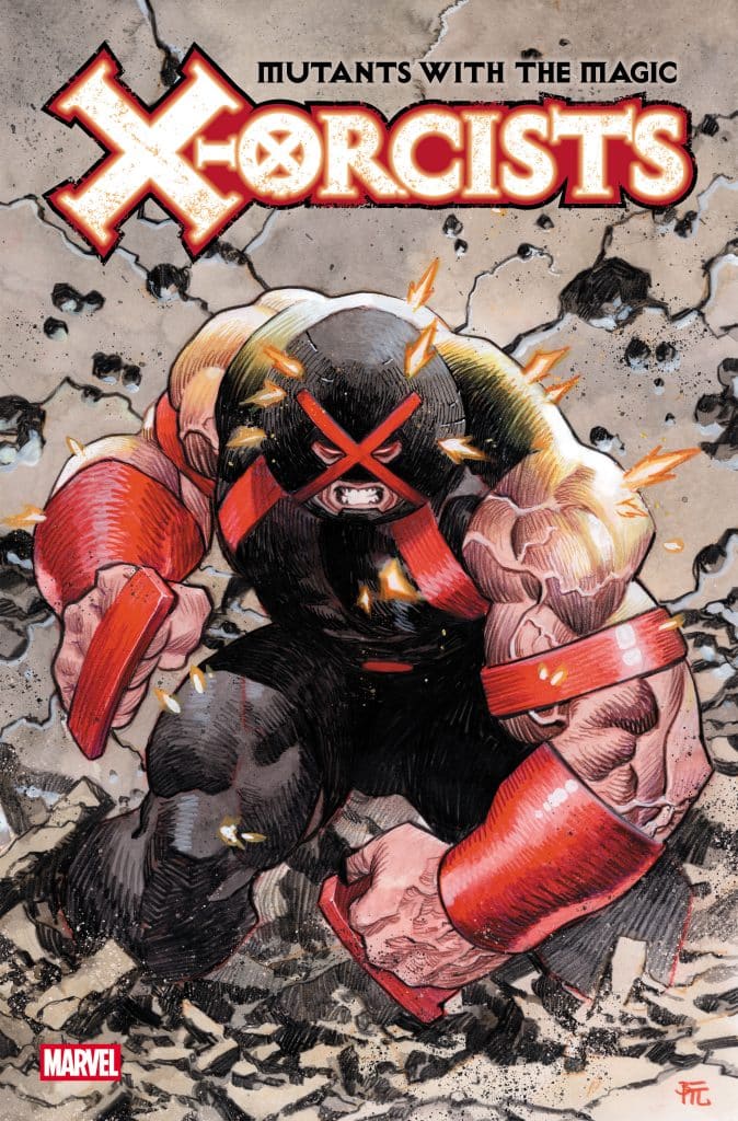 Comic book cover featuring a muscular mutant character in red and black attire, surrounded by debris and explosions, with the title 'X-orcists' and subtitle 'Mutants with the Magic' displayed prominently.