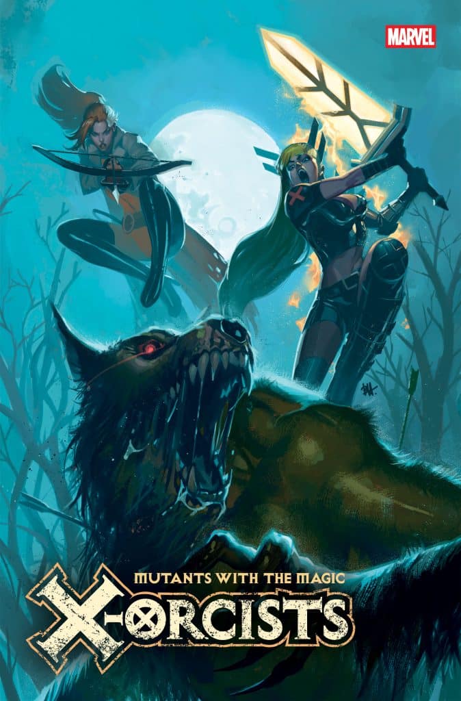 A comic book cover featuring two female characters, one brandishing a sword and the other wielding a magic staff, facing off against a large, menacing wolf-like creature in a dark, eerie forest setting. The title 'X-orcists' is prominently displayed at the bottom, along with the phrase 'Mutants with the Magic'.