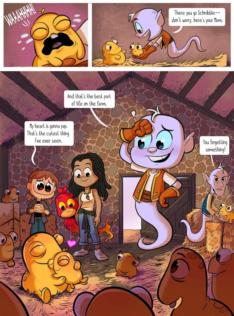 A colorful cartoon scene inside a barn featuring a group of animals and children. A ghostly character comforts a small creature, while a girl and a boy express delight over the adorable animals around them. The barn is filled with hay and creatures, creating a cheerful farm atmosphere.