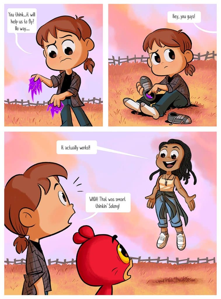 A comic strip featuring two characters conversing about a device that may help them fly. One character expresses doubt while the other successfully demonstrates its effectiveness, leading to excitement and praise.