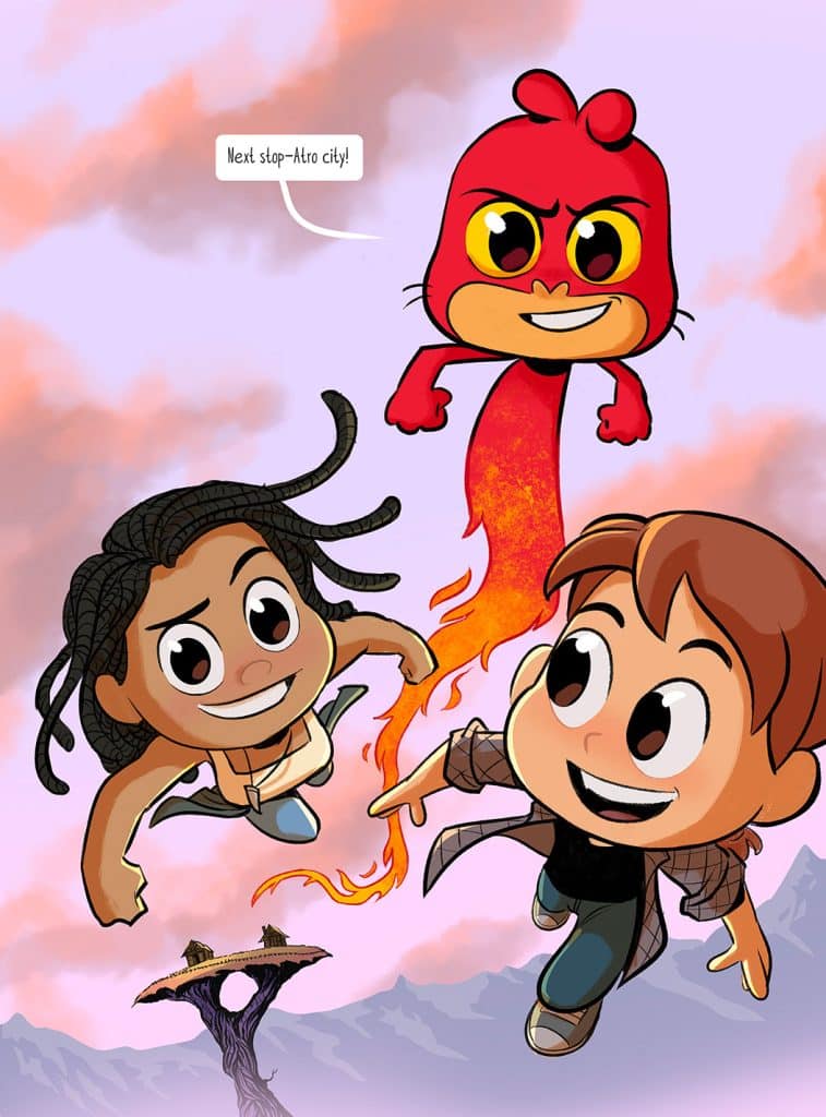 Two cartoon characters flying through the sky with a red, fiery creature above them, excitedly announcing their next destination, 'Atro city!'