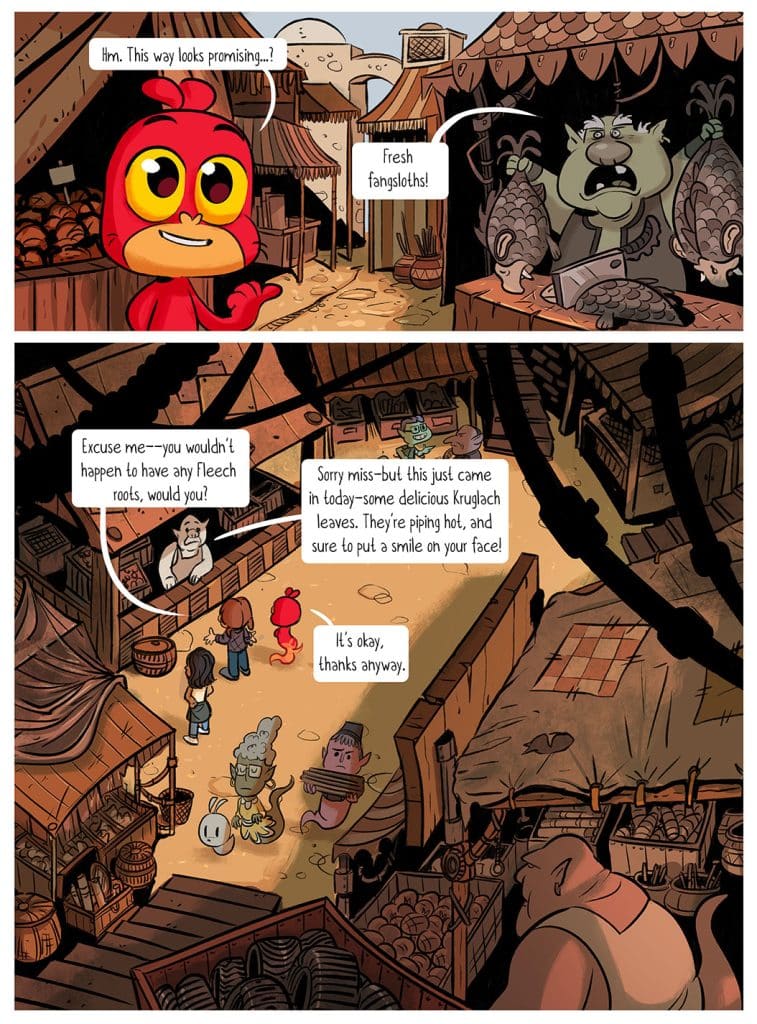 A vibrant comic panel depicting a whimsical marketplace. The top panel shows a red bird character looking hopeful as they approach a vendor selling fresh fangsloths. The bottom panel features the bird speaking to various characters, including a green vendor offering delicious Kruglach leaves, while others look on, creating a charming and lively scene.