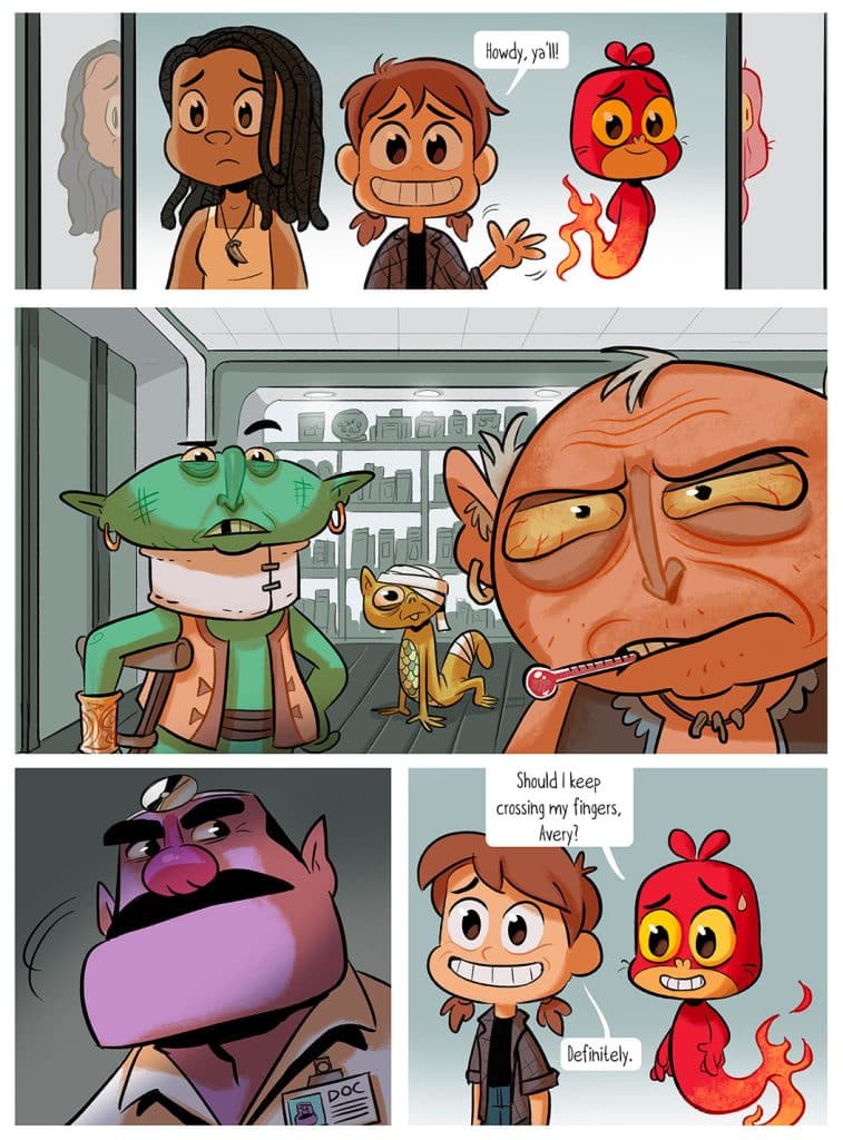 A colorful comic strip featuring various characters, including a girl with braids, a smiling boy, an orange fish-like creature, a green amphibious character, and an elderly man with a serious expression, involved in humorous dialogue.