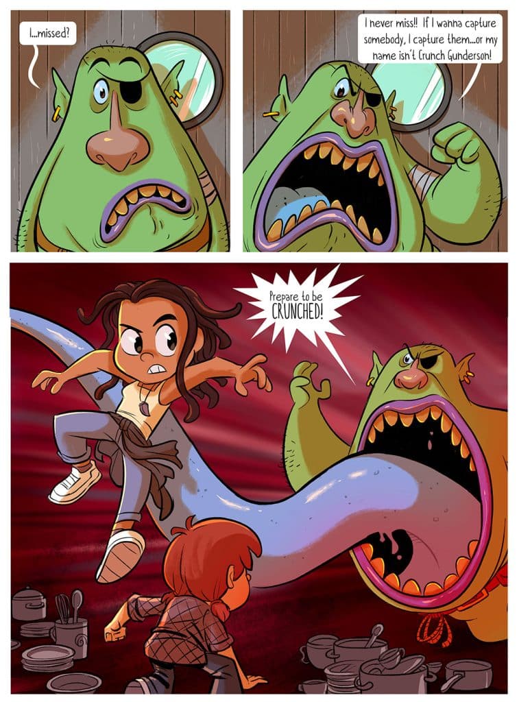 A green, grumpy monster with an open mouth and exaggerated features looks surprised in a comic panel. A second panel shows him yelling confidently about capturing someone. The bottom panel features a girl leaping in the air, poised for action, while the monster extends its long tongue towards her, threateningly declaring 'Prepare to be CRUNCHED!' The scene is colorful and cartoonish, set in a chaotic environment with scattered pots around.
