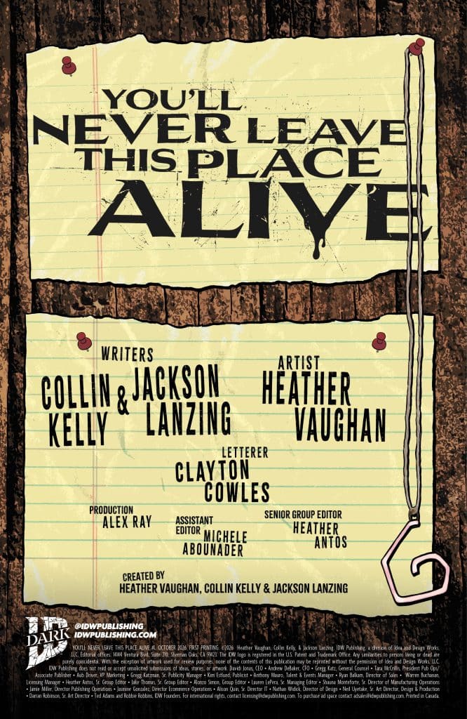 A promotional poster for a comic titled 'You'll Never Leave This Place Alive,' featuring the writers Collin Kelly and Jackson Lanzing, artist Heather Vaughan, and details about the production team.
