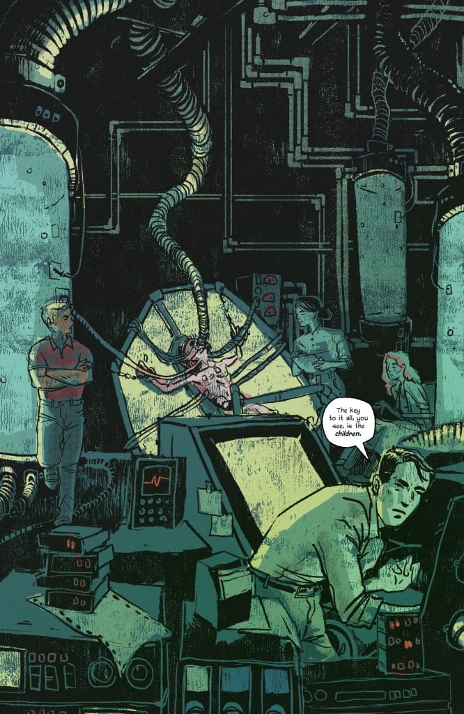 An eerie laboratory scene featuring several characters. In the center, a figure with elongated limbs is suspended, surrounded by machinery and cables. There are monitors and controls in the foreground, while a group of onlookers examines the scene, with one character speaking about children.