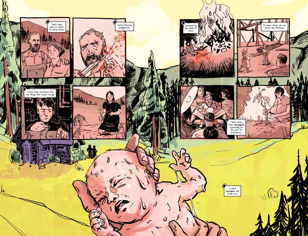 A comic-style illustration depicting various scenes, including characters discussing plans, a baby being held, and elements of nature in the background, within a stylized forest setting.