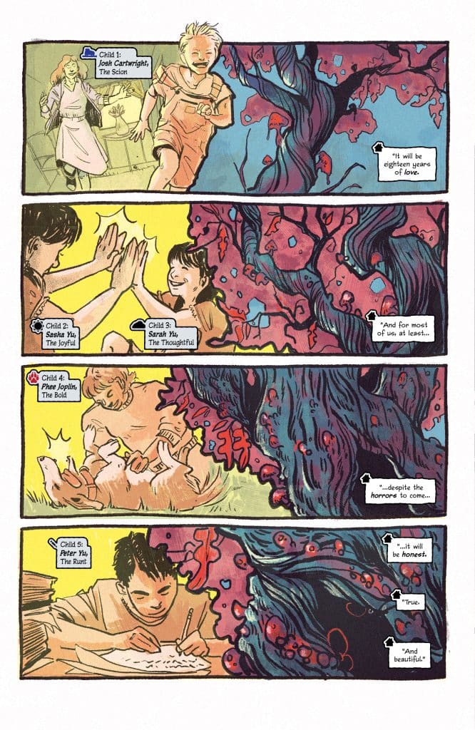 A colorful comic panel featuring five children with different expressions and activities, each identified by name and personality traits. The background includes whimsical trees with vibrant foliage, and speech bubbles convey reflective thoughts on love and honesty.