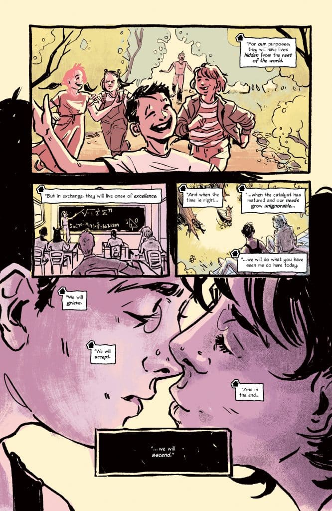 A comic panel featuring a group of young people interacting in a natural setting, and two characters leaning in for a kiss while sharing emotional dialogue about grief and acceptance.