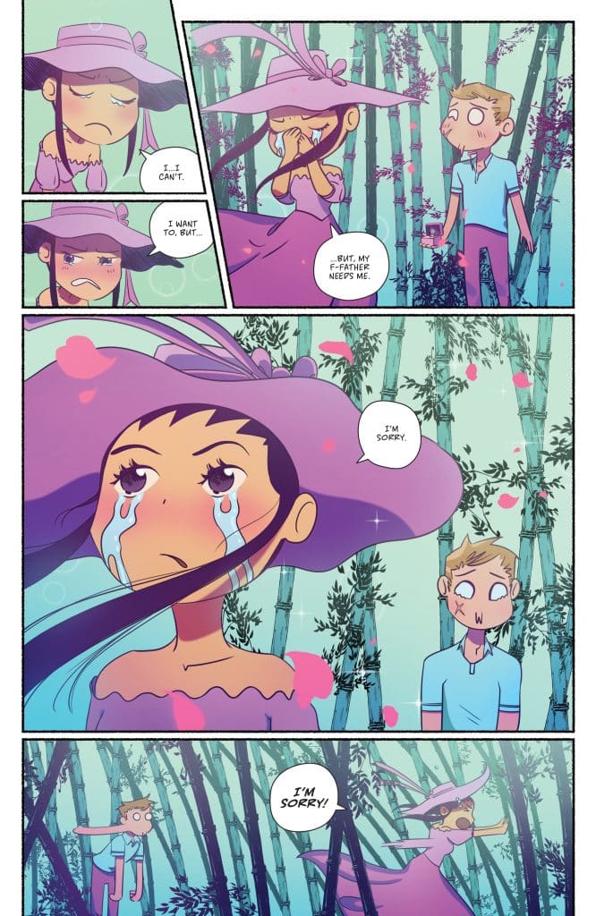 A comic panel depicting a sad girl with a large pink hat, crying, while speaking to a surprised boy in a bamboo forest. The girl expresses her inability to help due to familial obligations, and the boy looks concerned.
