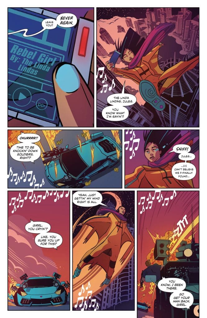 A comic panel featuring two characters interacting, one holding a cassette player labeled 'Rebel Girl' by The Linda Lindas, with musical notes surrounding them. The character on the left appears animated and expresses excitement, while the character on the right shows concern. The background showcases a vibrant cityscape.