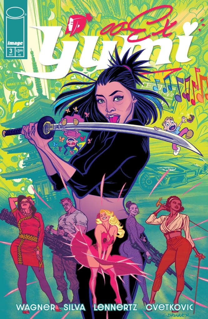 Comic book cover featuring a fierce woman wielding a sword, surrounded by colorful and dynamic illustrations of various characters and action elements.