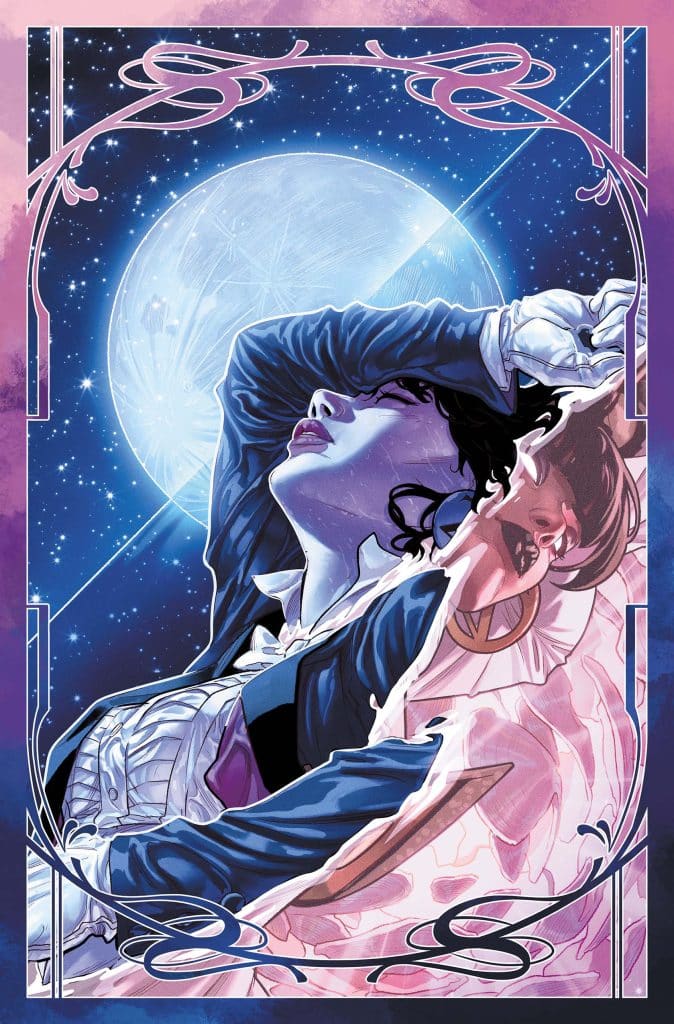 A colorful comic book illustration depicting a woman in a stylish outfit, with one arm raised and her head tilted back against a starry sky backdrop featuring a large blue moon.