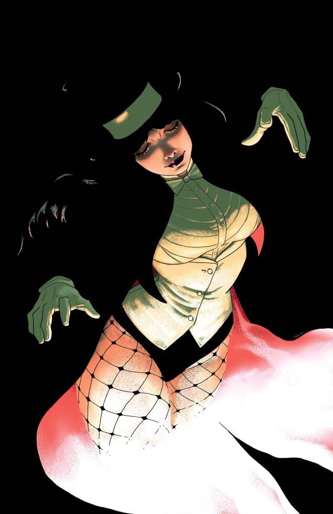A mysterious female character in a magician's attire, wearing a top hat and gloves, with fishnet stockings and a flowing red cape, against a dark background.