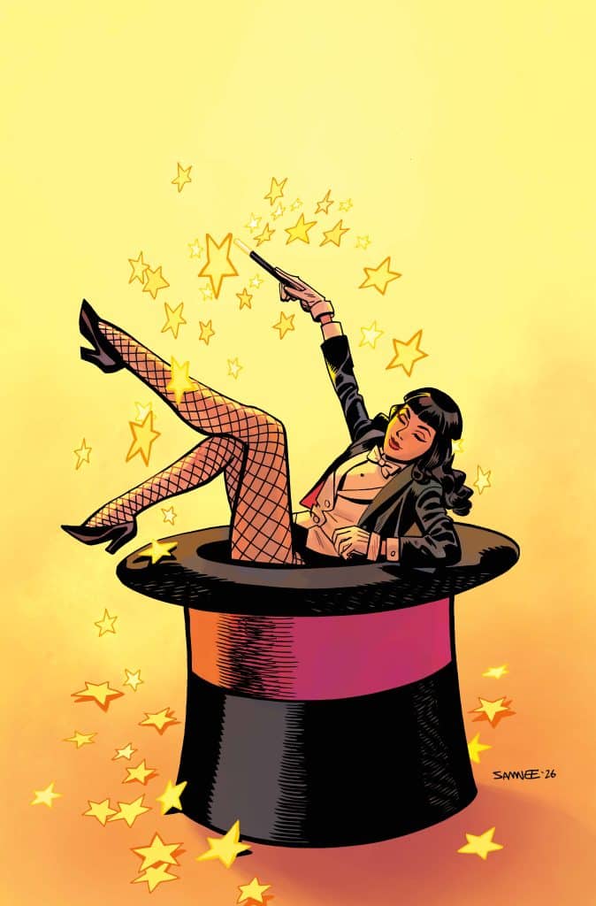 A magician emerging from a top hat, wearing black fishnet stockings and a tuxedo while casting sparkles and stars with a magic wand against a yellow background.