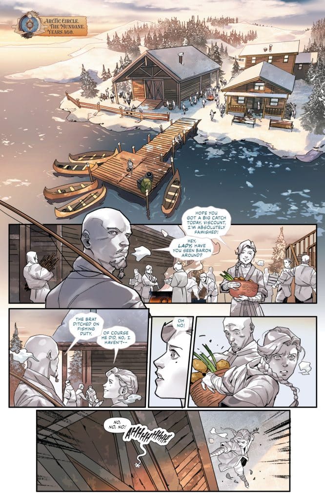 A snowy village scene in the Arctic Circle with several people gathered around a dock and boats. A group is interacting, and one character appears distressed, shouting while running away. The atmosphere is wintery and rustic.