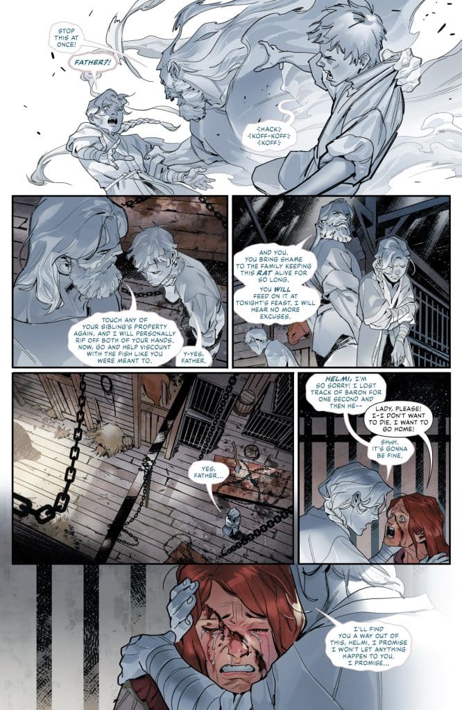 A dramatic comic book page featuring characters in an emotional confrontation. A young boy interacts with a ghostly figure, who appears to be his father, as they discuss themes of shame and family duty. The scene is set in a dimly lit, confined space with chains and a mysterious atmosphere, conveying tension and a sense of urgency.