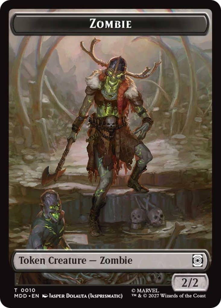 A fantasy illustration of a zombie creature, characterized by green skin, tattered clothing, and a skull accessory. The zombie is standing in a grim environment with skeletal remains in the background.