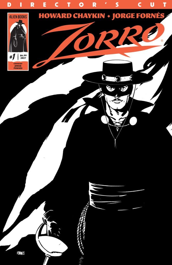 Cover of the comic book 'Zorro: Director's Cut' featuring a stylized depiction of Zorro in black and white, with bold red text highlighting the title and details.
